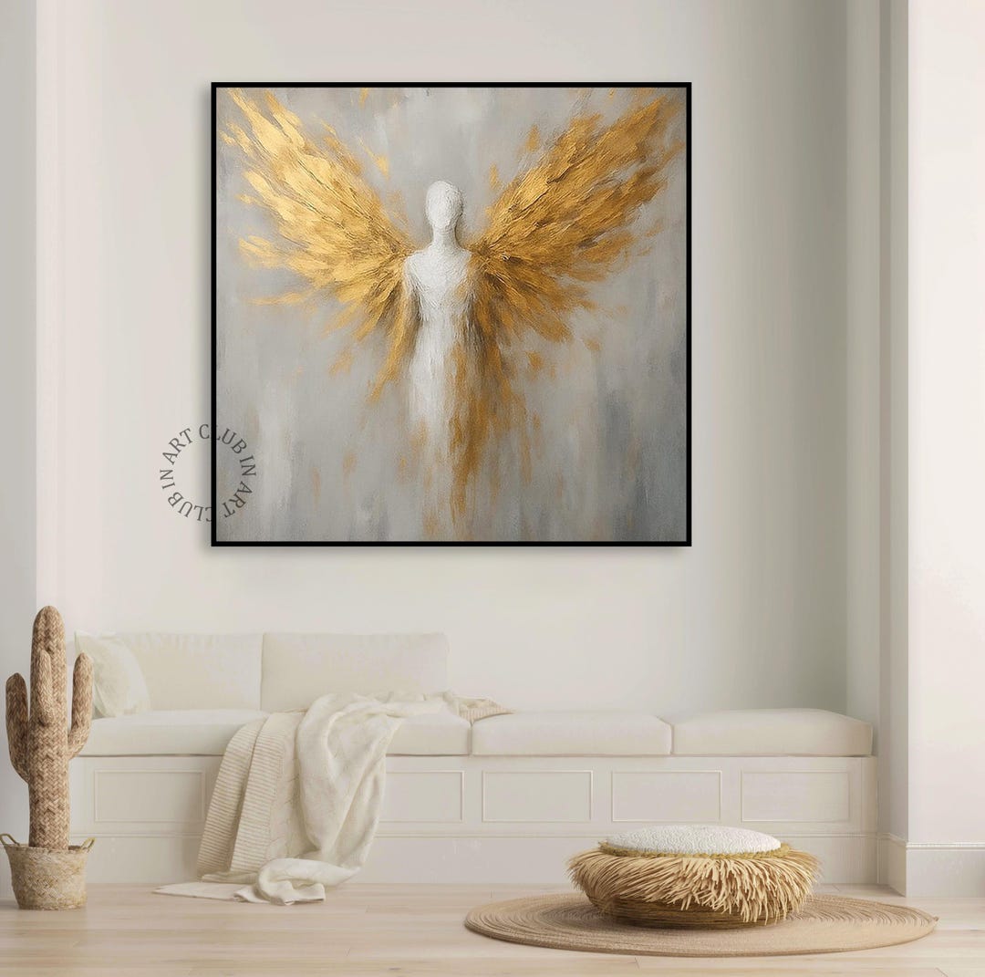 Angel Abstract Wall Art With Golden Wings Textured Figure