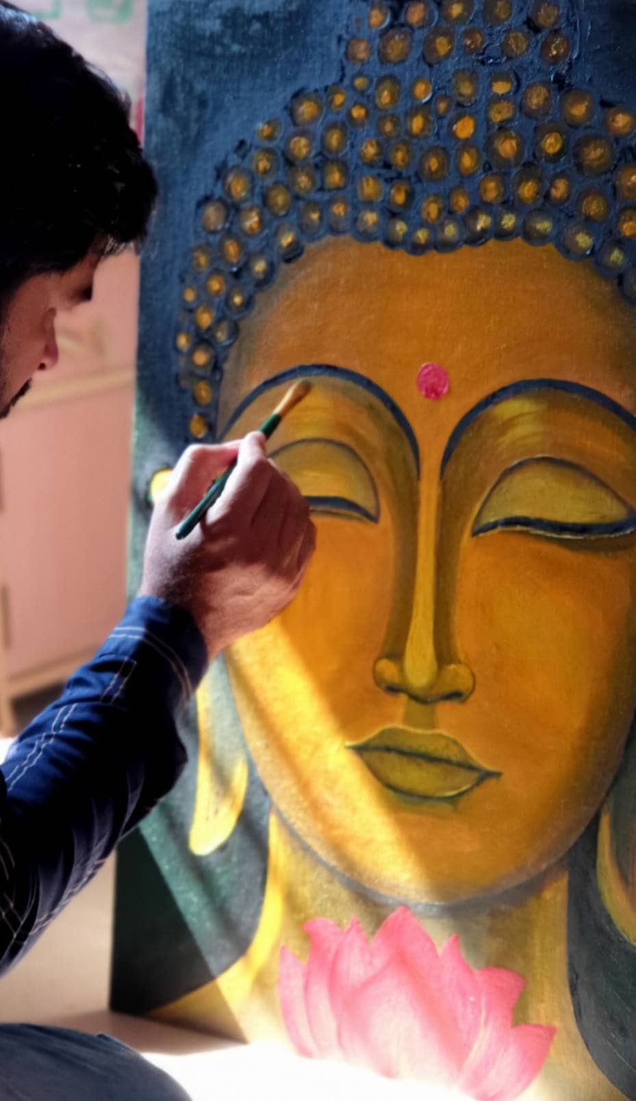 The golden Buddha with red lotus,original oil painting on canvas,Religious gift painting, wall decor buddha art,meditation buddha