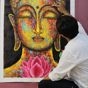 Pintura colorida de Buda / Loto rosa con pintura de Buda / Pintura original / Pintura de meditación / Decoración de pared