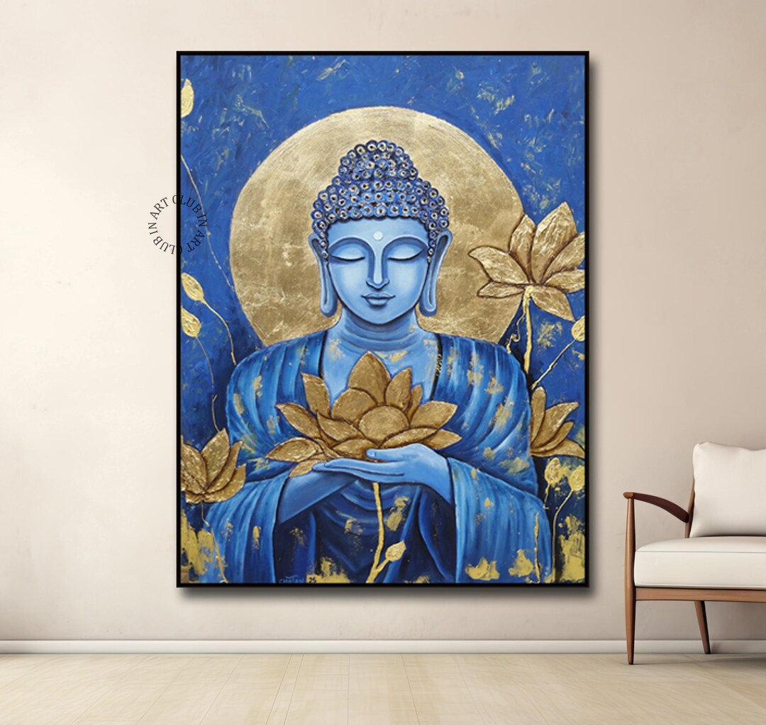 Blue Buddha With Golden Lotus Wall Art Spiritual Buddha Canvas Wall Art ...