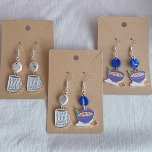 a cup of tea solves everything, fruit loop cereal earrings, fake food jewelry, accessory, gift