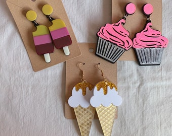 ice cream, popsicle, cupcake earrings, laser cut acrylic, plastic dessert jewelry