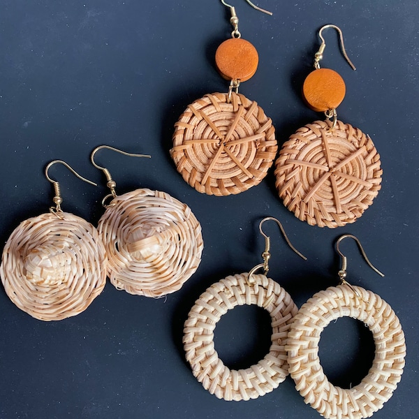 natural woven rattan statement earrings - light, handmade, earth-friendly