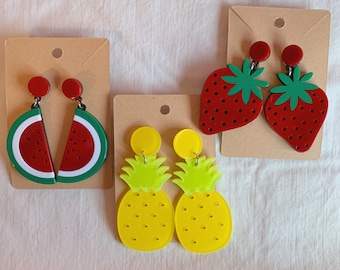 pineapple, watermelon, strawberry earrings, laser cut acrylic, plastic fruit jewelry