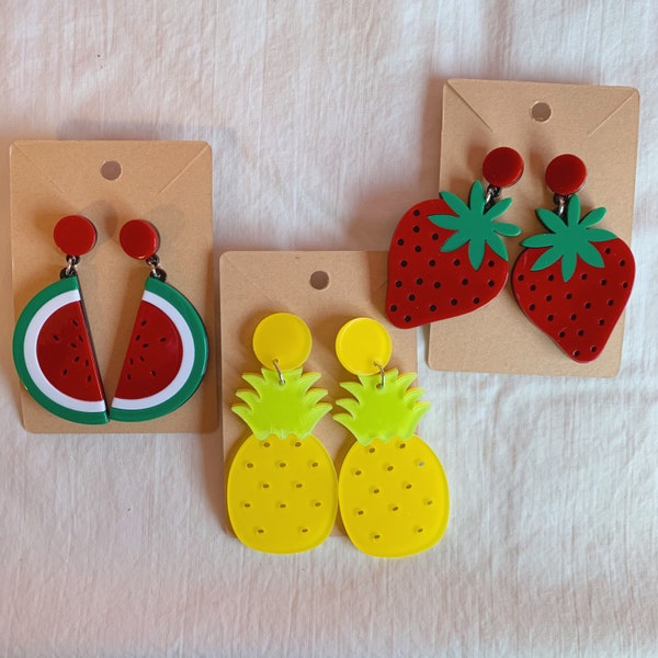 pineapple, watermelon, strawberry earrings, laser cut acrylic, plastic fruit jewelry