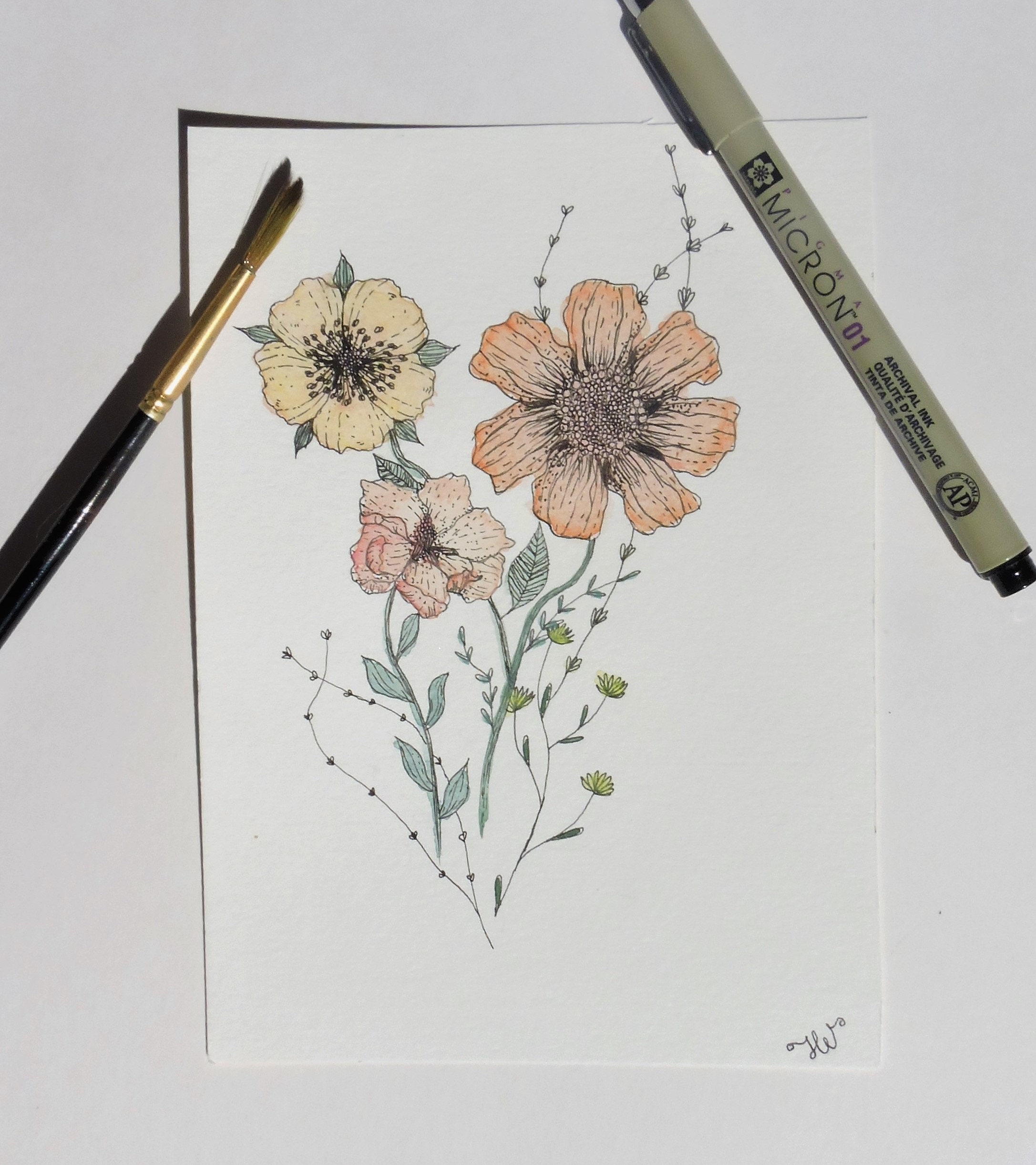 Wildflower watercolor and ink painting flowers drawing 5x7 Etsy