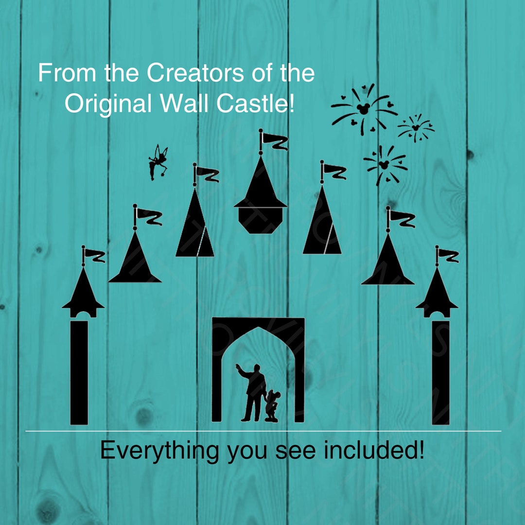 Disney Castle Wall Decal With Side Towers Fireworks & Tinkerbell