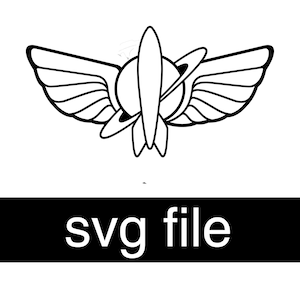 May include: Black and white line art illustration of a rocket ship with wings and a ring around it. The rocket ship is flying through space.