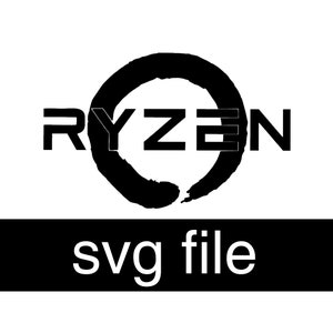 Peut inclure: Graphique noir et blanc avec le mot "RYZEN" et un design circulaire stylisé. En dessous, le texte "svg file" est affiché sur un fond rectangulaire noir. Design épuré et moderne.