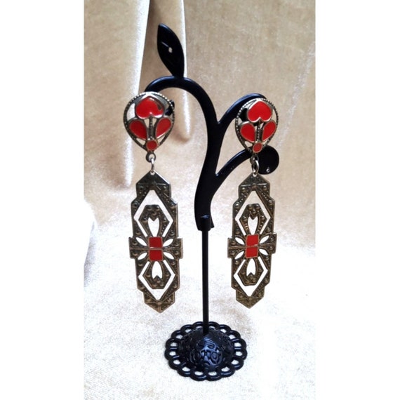vintage Queen of Hearts red enameled silver tone … - image 2