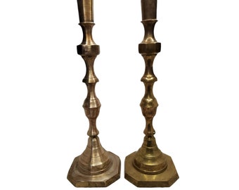 Vintage tall English brass pushup candlesticks 18.75" tall with 6" x 6" base, preowned