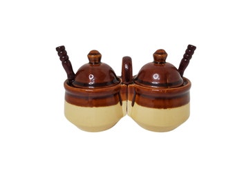 Vintage Stoneware Double Condiment Server Set With Spoons Made In Tiawan.