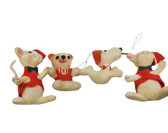 vintage 1950s-60s set of 4 flock animal christmas ornaments