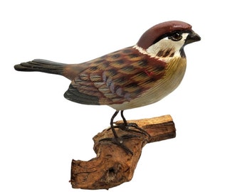 vintage hand carved hand painted wooden lifesize tree sparrow figure