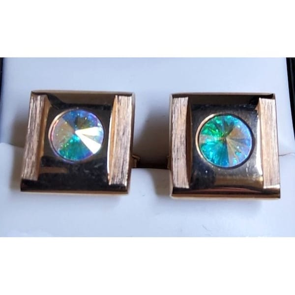 vintage 1960s Sarah Coventry men's gold tone faceted aurora borealis cuff links, 1"