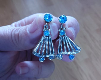 Vintage 1950's Art Deco Silver tone and Blue Rhinestone Screw Back Chandelier Earrings,