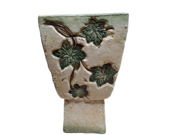 vintage 1990s stone outdoor leaf pattern planter with ring handles.