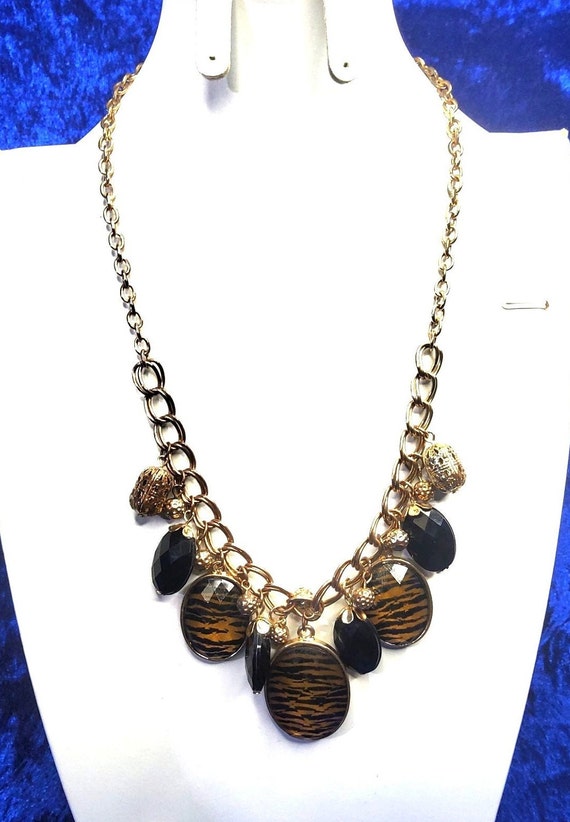 vintage gold tone filegree beads, leopard print d… - image 1