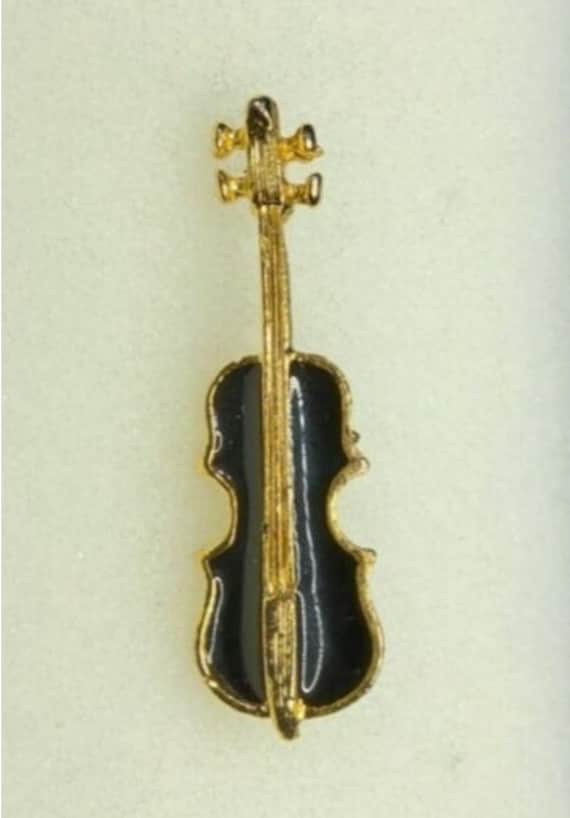 Vintage Black Enamel and Goldtone Violin Brooch Pi