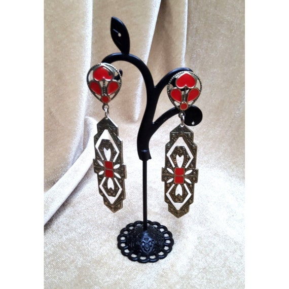 vintage Queen of Hearts red enameled silver tone … - image 3