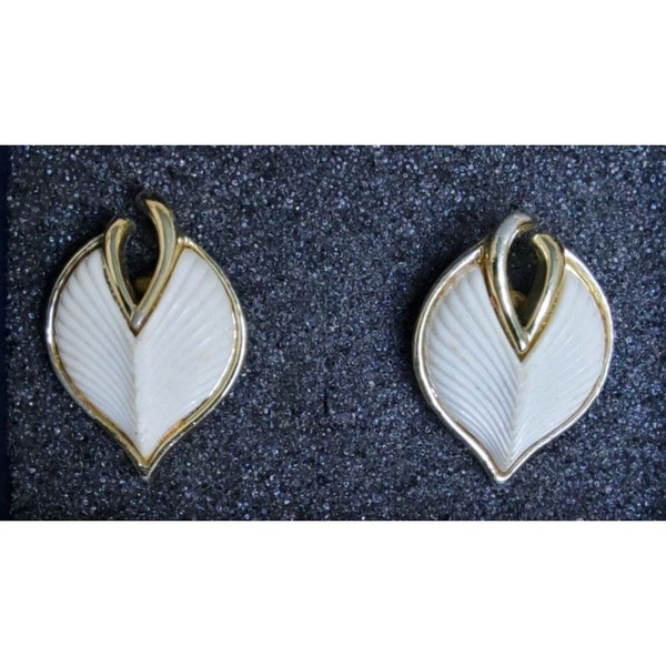 Vintage Coro White Thermoset and Goldtone Leaf Shaped Clip - On Earrings 1.25"