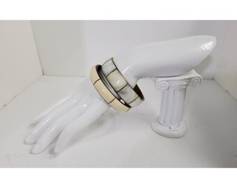 Vintage 1970's boho India bone and mother of pearl inlay brass bangles, set of 2, preowned