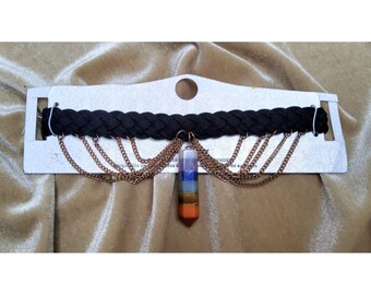 vintage nos faux leather retro chakra healing crystals choker necklace