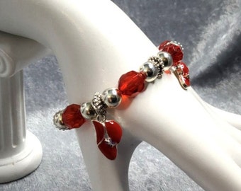 vintage silver bead red enamel hat charms stretch bracelet