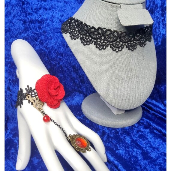 vintage red rose lace choker, lace bracelet and r… - image 3