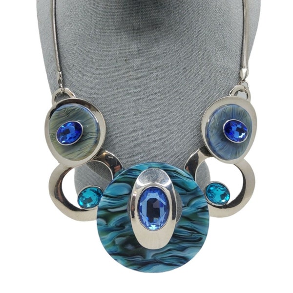 vintage statement/runway silver tone pure joy blue rhinestone bib necklace