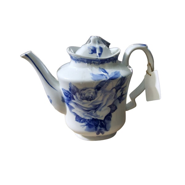 vintage antique reflections by j godinger & co  porcelain teapot, Victorian English style, white with blue roses 6.5"