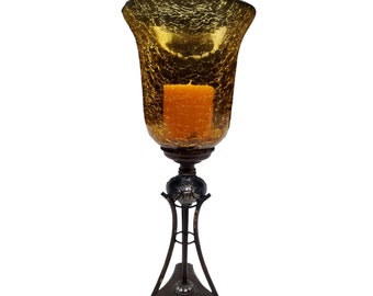 vintage amber color crackled glass hurricane candle, bronze stand lamp/holder.