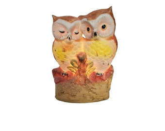 vintage 1980s bisque hand painted owl couple with nightlight 6"h x 4"w