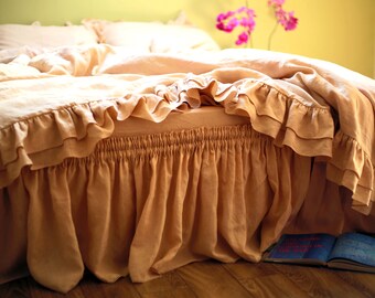 Beige Linen duvet cover , with ruffles in two layers 15 cm (6 ") and 10 cm (4") on three sides