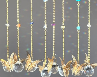 Butterfly Crystal Suncatcher – Gold Gemstone Prism Rainbow Maker, Moonstone June Gift, Butterfly Decor, Unique Graduation Gift