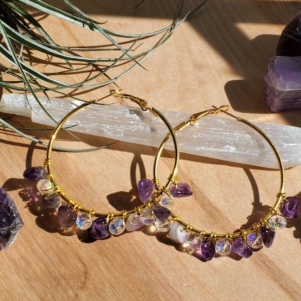 Crystal Hoops Gemstone Hoops Crystal Beaded Hoops Wire Wrapped Crystal Beads Gold Silver Rose Gold Crystal Gift May Birthday Emerald Mom