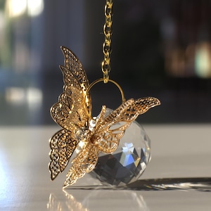 Butterfly Crystal Suncatcher – Gold Gemstone Prism Rainbow Maker, Moonstone June Gift, Butterfly Decor, Unique Graduation Gift
