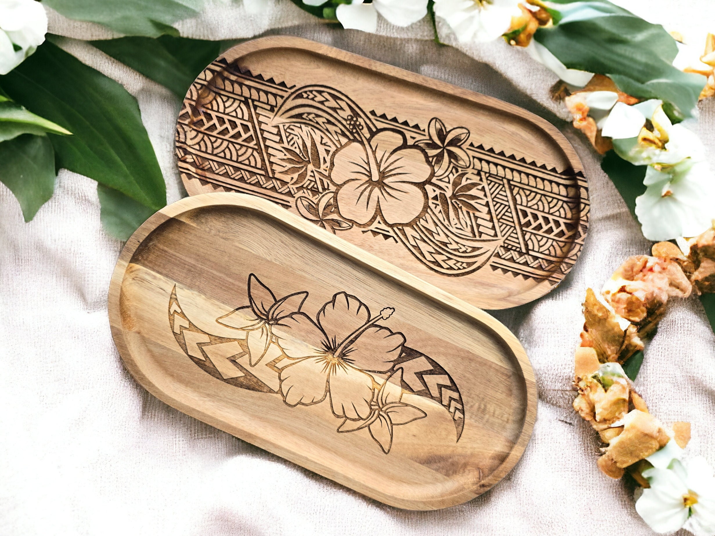 Engraved Tribal Acacia Wood Tray – Oval Key & Ring Dish, Polynesian Hawaiian Decor, Unique Bedside or Desk Gift, Fathers Day Present