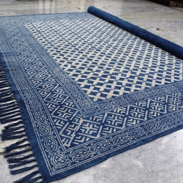 5x7 Indian Rug, Cotton Rug, Block Print Rug , Outdoor / Indoor/ Kitchen / Living Room Rug, Navajo Rug , Indian Rug, Indigo Rug, Indigo Rug