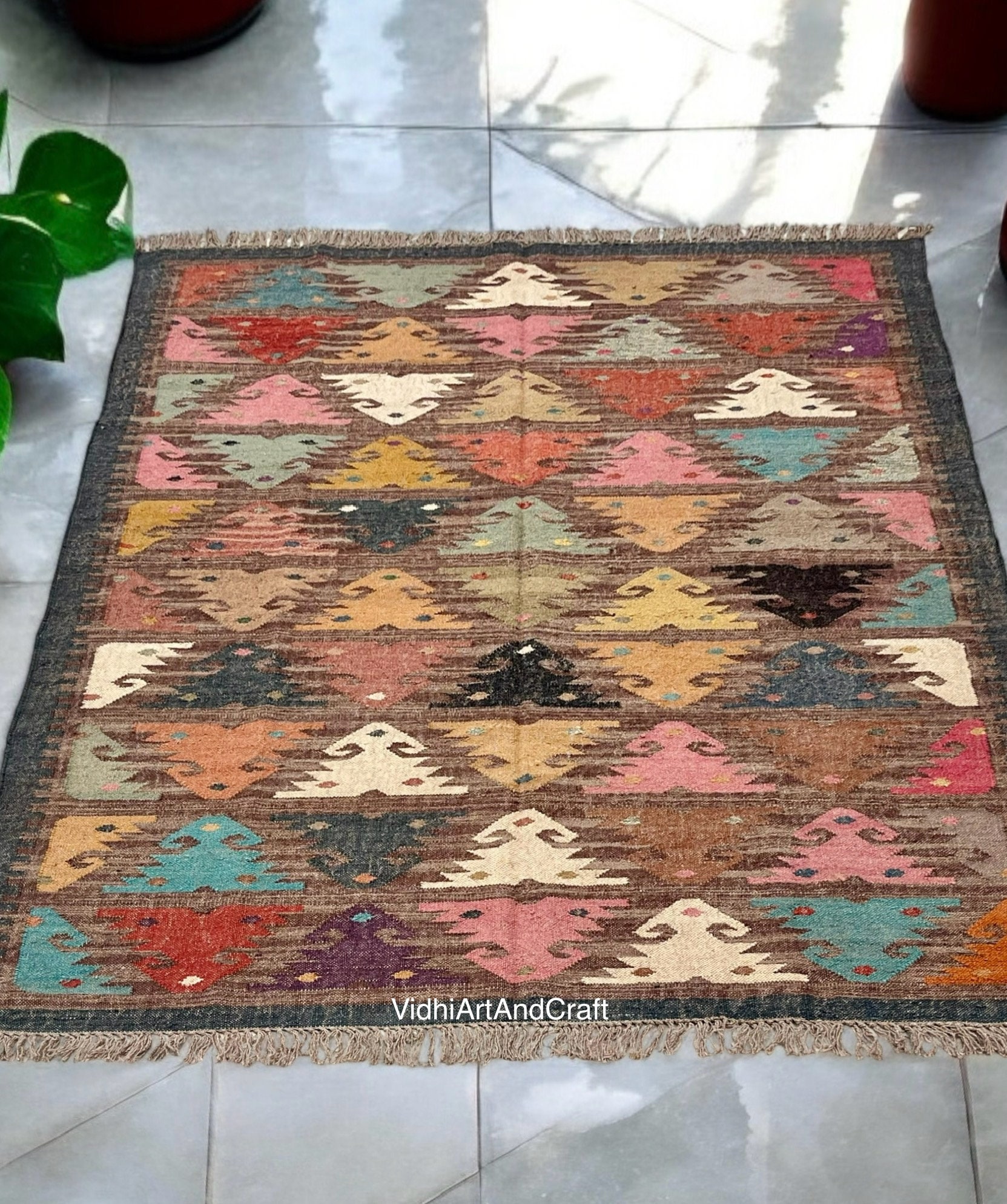 Brown and Colorful Vintage Handwoven Kilim Rug – Southwestern Turkish ...