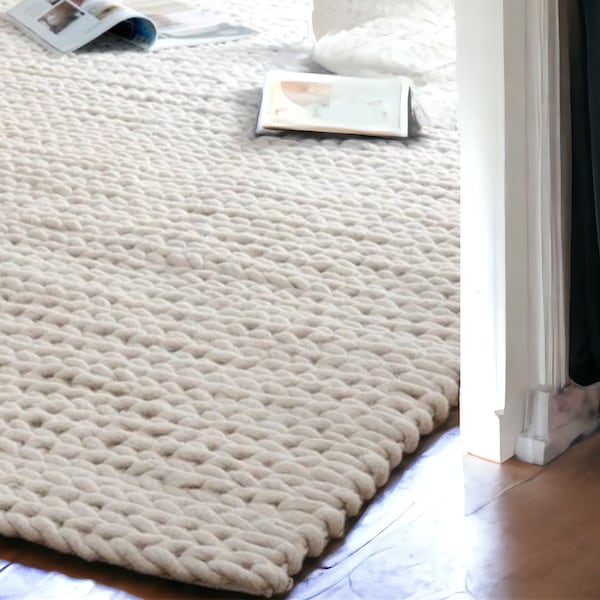 4x6 5x8 6x9 Hand Knitted Chunky Wool Area Rug, Ivory/Off White, Runner