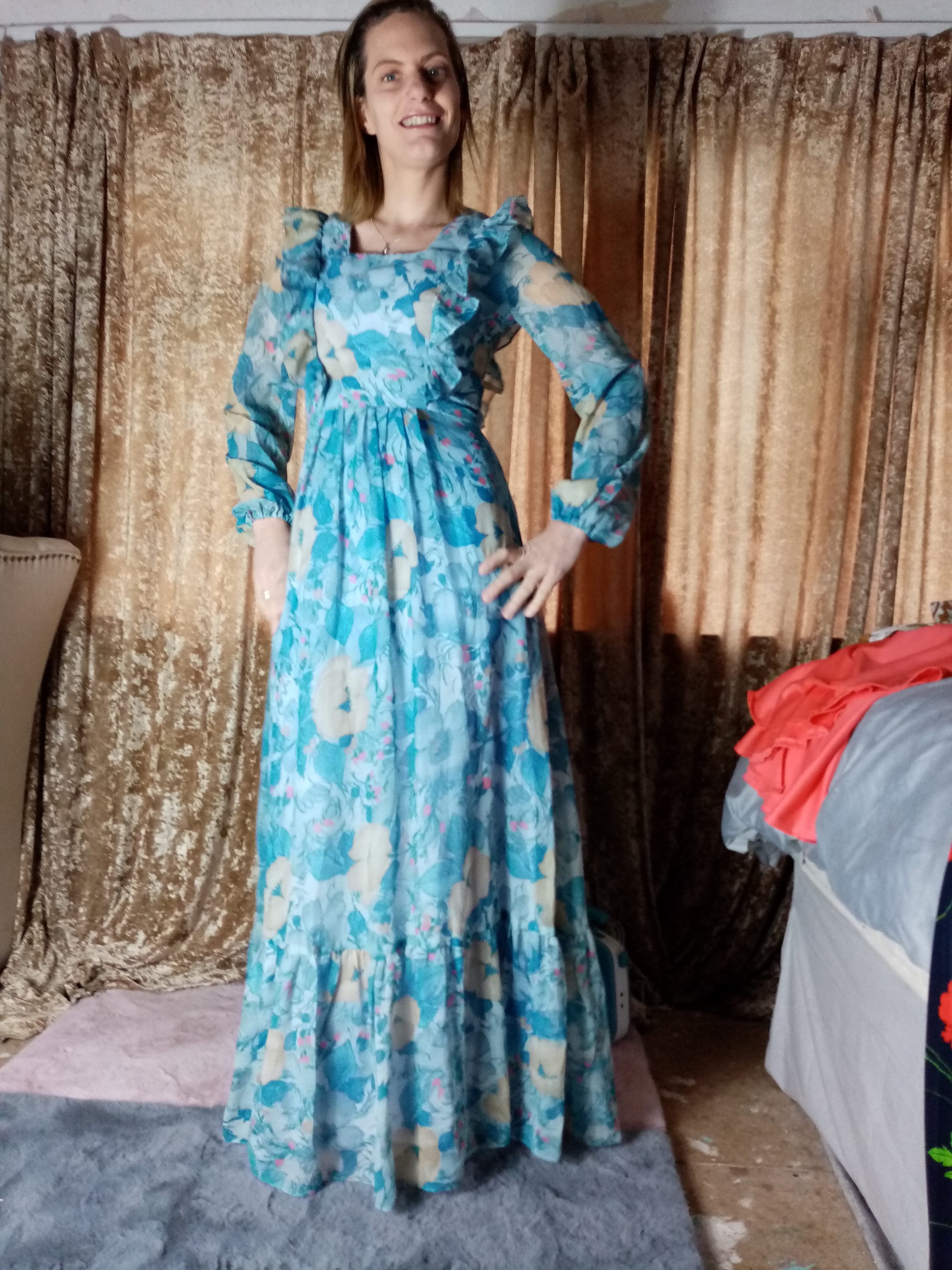 Vintage 1970s Floral Prairie Maxi Dress: Ruffle Trim, Bell Sleeves
