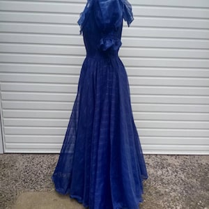 Vintage bridesmaid dress, deep blue and silver threaded vintage fit and flare ballgown with puff sleeves, ruffles, lined approx UK 10