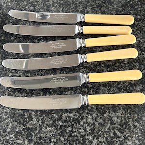 Vintage faux bone handled, stainless steel knives made in Sheffield, England, set of six
