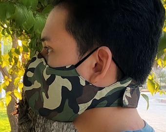 Camouflage Hook and Loop fastened Face Mask With Ear loops , Nose Wire And Filter Pocket | Camo Mask for Men, Women and kids