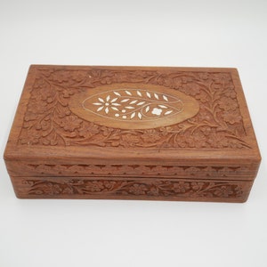 Hand carved wooden box with mother of pearl inlay, storage, trinkets, jewelry box