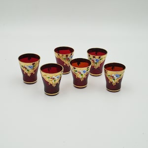 Vintage Ruby rojo vasos de chupito conjunto de 6, decoración de bar veneciano italiano decorado a mano con flores de oro y esmalte
