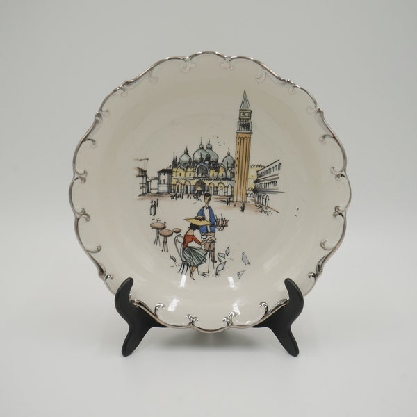 Hand painted plate St. Mark's square Venice outdoor Cafe scene, scalloped edge, silver trim, Shumann Bavaria