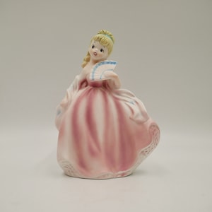 Vintage porcelain girl figurine pink ball gown dress and fan