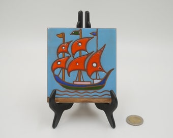 Handmade MCM ceramic tall ship square tile art